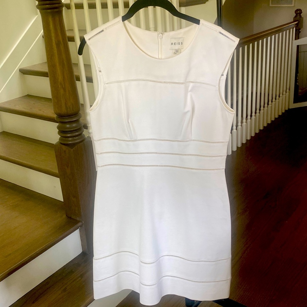 Reiss white sleeveless dress with open stitching, US 8
